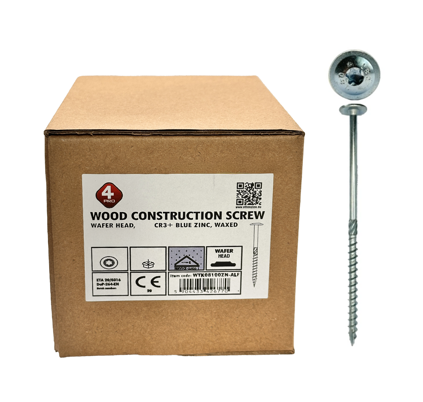 Screws for wood 8 X 80-280mm (galvanized CR3+Zn, WAXED, self-tapping head, TORX 40, 4PRO)
