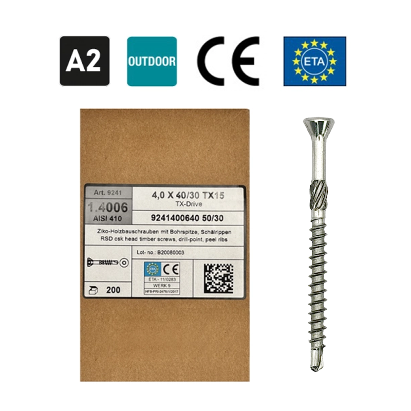 Stainless Steel Facade Screws for Wood 4 X 40-50, TX15 Head, for Outdoor Work, A2, 200 pcs.