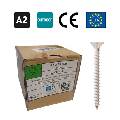 9047 - Self-tapping screws for slate, countersunk head, full thread (4.0 x 35 mm) (500 pcs) A2