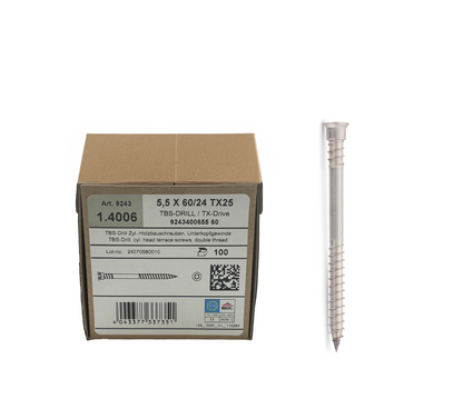 Deck Screws 5.5x60mm, A2 Class, 100 pcs., TX25 Head, Stainless Steel