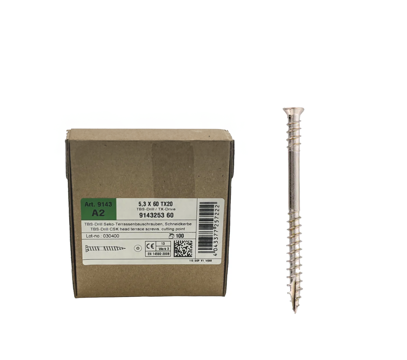 Deck Screws 5.3x60mm, A2 Class, 100 pcs., TX20 Head, Stainless Steel