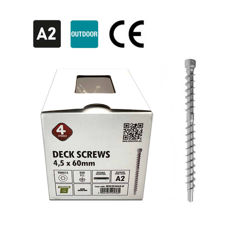 Deck Screws 4.5X60mm, A2 Class, 200pcs., TX15 Head, Stainless Steel (Hidden Screw System)